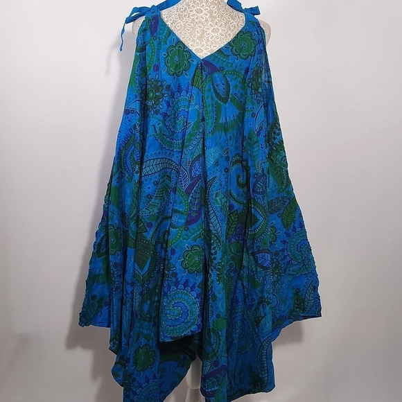 Women's Blue Textured Asymmetrical Wide Leg Shoulder Tie Pockets Jumpsuit Romper - Picture 7 of 14